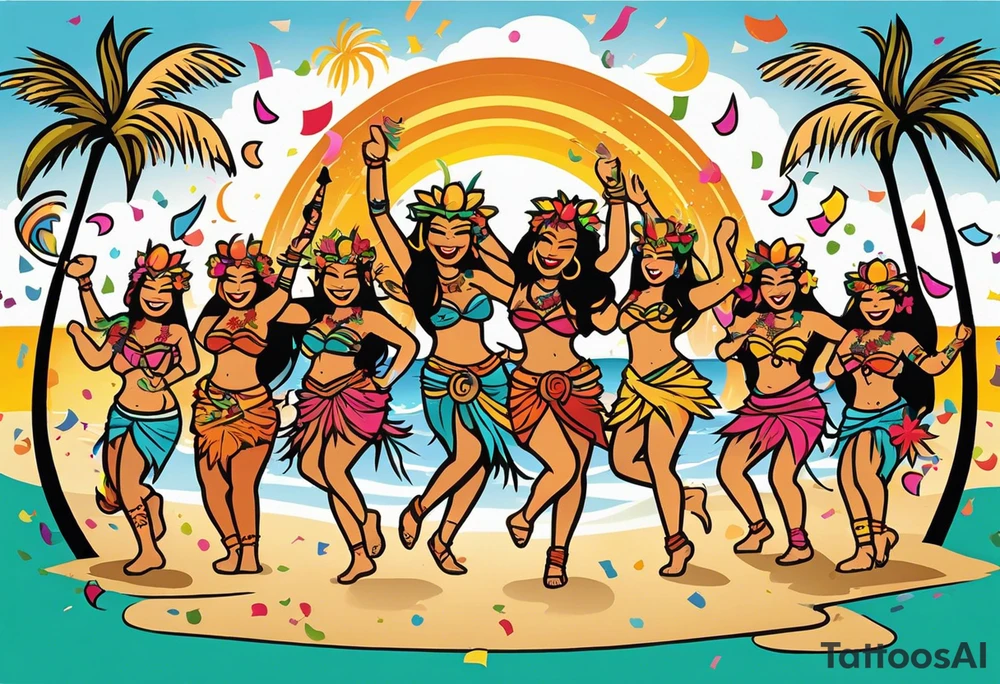 dancing tiki gods dance party on the beach with a sunset in the center of the image with confetti and music notes and sexy hula girls that are blonde and burnette tattoo idea