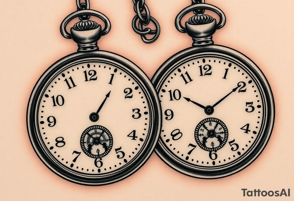 Connection to my kids. Two Daughters 
Realism focused. 
Timepiece - Pocket watch.
Two pockets watches. 1 for each of my two daughters 
Fob/ watch chains to be part of the Tattoo.
Fob/ watch chains intertwine signifying my kids to keep close and have each other's back.
Show a lot of internal mechanisms of the watch. Cogs, gears etc. 
Both my kids were born on the day 5th of month. The small hand of both pocket watches should point to the 5 on the pocket watches.  
On one pocket watch the big hand should point to 4 as the eldest born in April. 
On the other picket watch the big hand should point to 11 as the youngest born in November.
Do not put D.O.B on design. 
No animals.
No flowers.
No religious effigies like angels or prayer hands.
Focus on a mechanical look and feel. Added focus on realism. 
No broken dials. Pocket watches should be perfect.
Add detail to make design 3D.
The artwork forms part of the skin rather than being on top of it. Weave the artwork into my skin. 
My kids are what keep me going and my motivation - This is the theme on this design. tattoo idea
