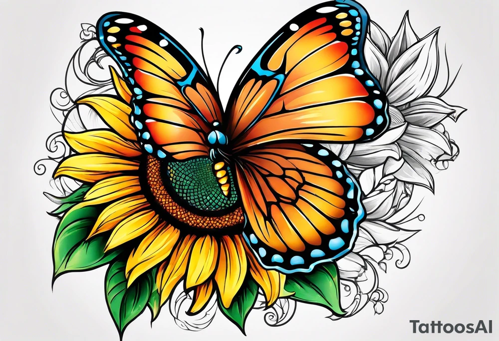 Half butterfly half sunflower tattoo idea