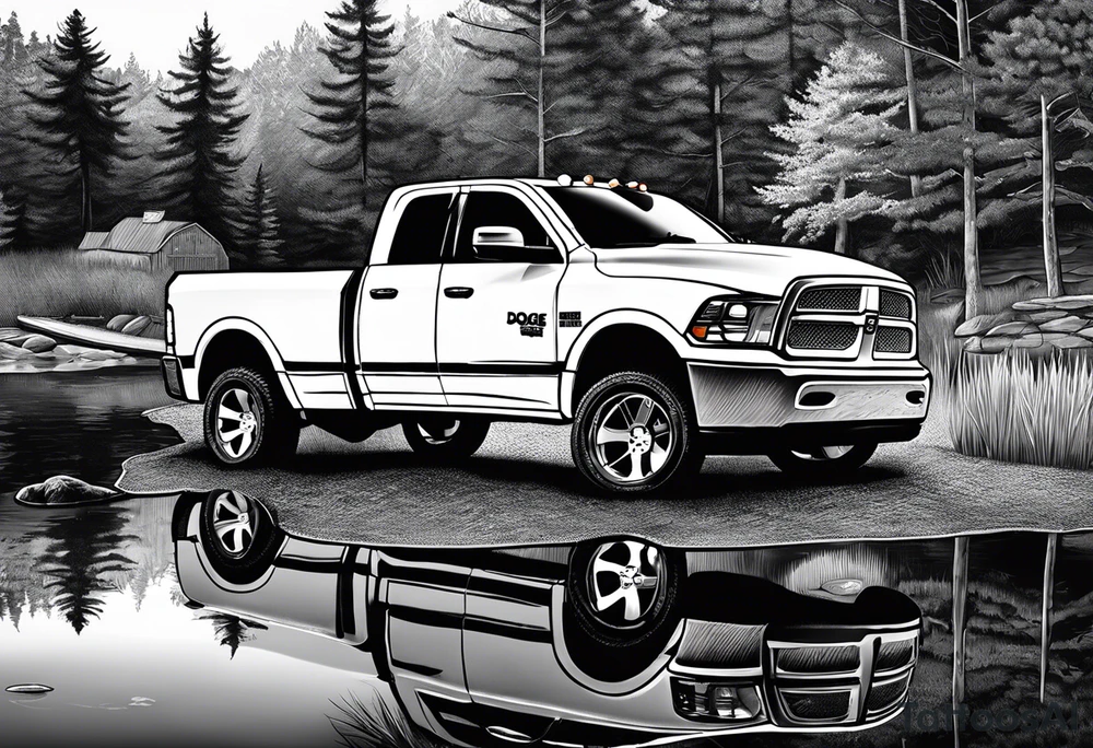 2nd gen dodge ram 1500 single cab short bed in front of a pond with a sign that says gone fishing 
With a mansitting and fishing in the pond tattoo idea