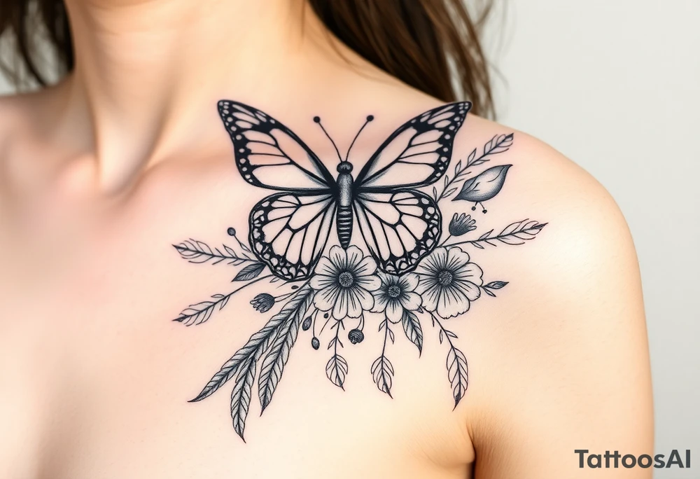 Butterfly, birds, flowers and feathers tattoo idea