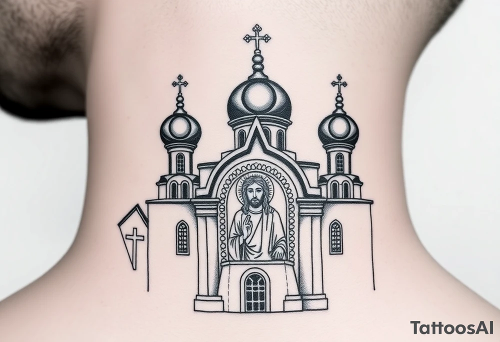 medium sized Russian orthodox church with bulb domes with a prominent russian orthodox mosaic jesus tattoo idea