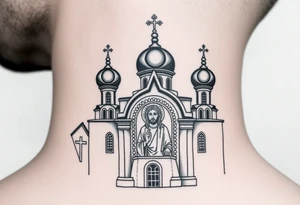 medium sized Russian orthodox church with bulb domes with a prominent russian orthodox mosaic jesus tattoo idea