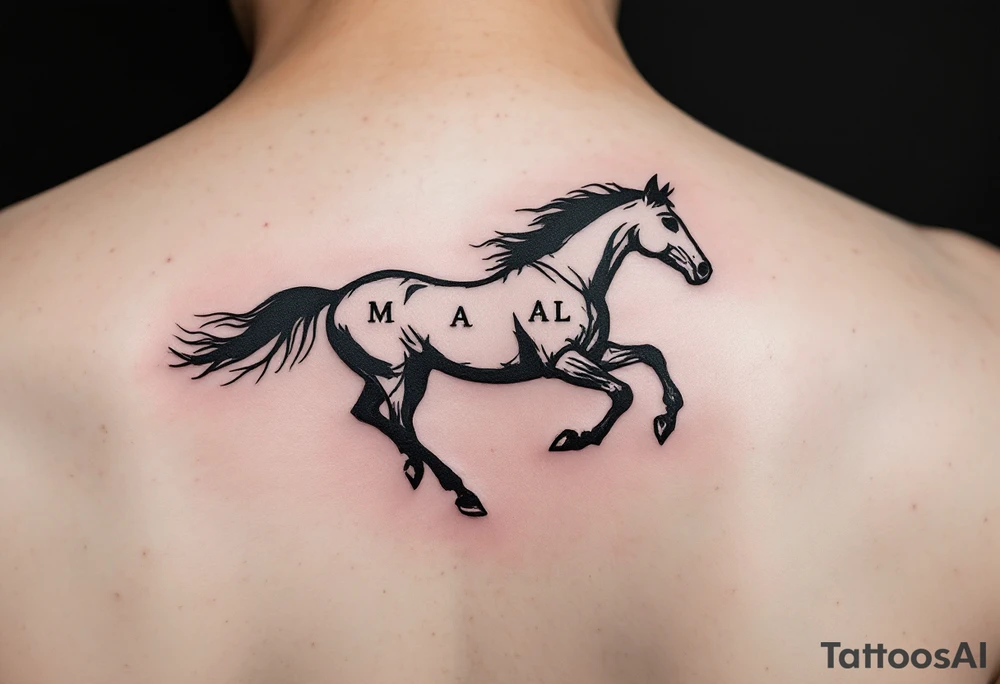 horse silhouette 
from the front which gallops from the front, with the 3 small letters discreetly integrated: M, A, L tattoo idea