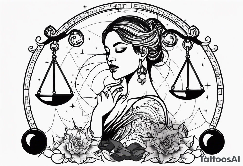 Libra woman holding scales with a night zodiac background including a half moon that encircles half of the woman with vibrant colors tattoo idea