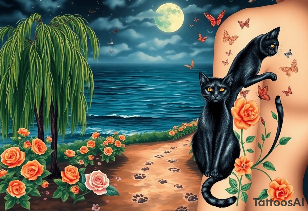 Night time. Ocean.  weeping willow garden with roses and liles flower beds. fantasy creatures, fairies, mermiads, dragons butterflies,  cat paw prints path in dirt. Black and orange cats tattoo idea