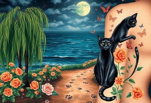 Night time. Ocean.  weeping willow garden with roses and liles flower beds. fantasy creatures, fairies, mermiads, dragons butterflies,  cat paw prints path in dirt. Black and orange cats tattoo idea