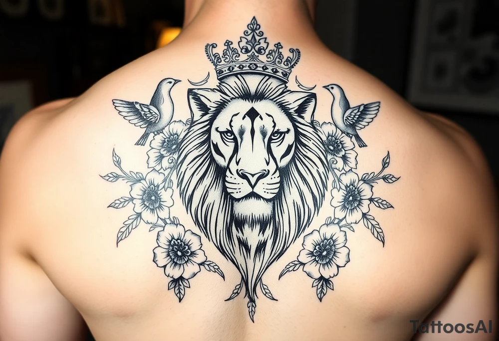 powerful majestic lion with a crown, surrounded by floral ornaments and birds tattoo idea