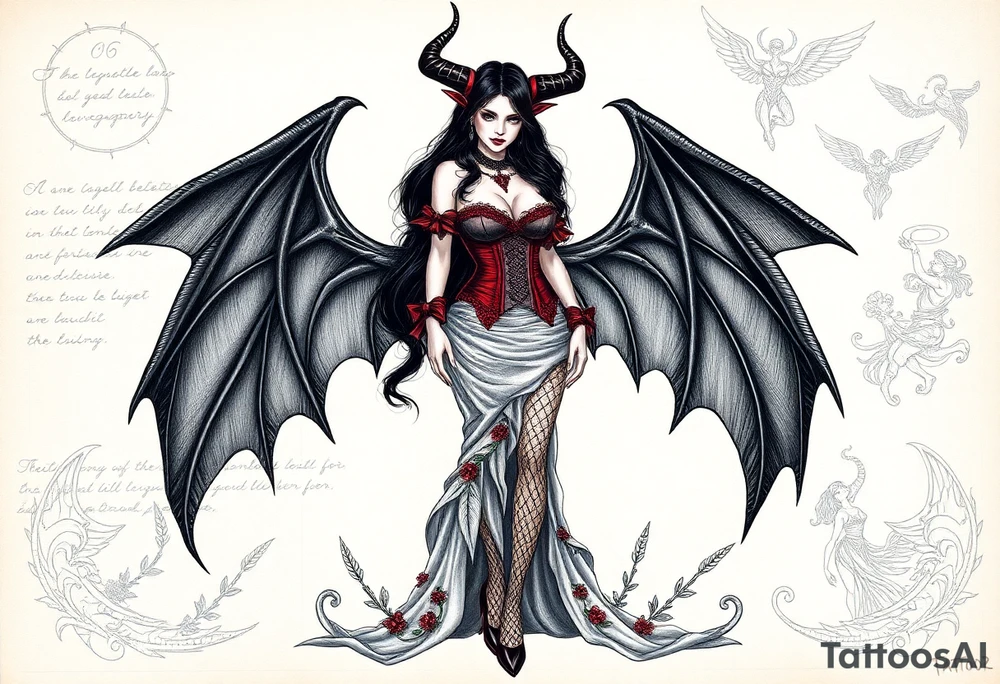 🔥 Image 1: Dark Demon Woman Tattoo Design

A seductive demoness with long black hair and sharp black horns stands confidently. She has large, leathery black wings with spiked edges extending from her back. Her outfit is a gothic corset-style dress with red accents and lace, combined with fishnet stockings and high heels. Her overall aura is dark, powerful, and alluring, blending elegance with danger. The background looks like a magical grimoire page, with handwritten runes and sketches of demonic wings and figures, giving it a mystical, ancient vibe.

Keywords: demon woman, succubus, gothic wings, red-black corset, dark fantasy, seductive devil, horned female, tattoo sketchbook

⸻

🌟 Image 2: Angelic Woman Tattoo Design

A beautifully detailed pencil sketch of an angelic woman with long flowing hair and magnificent feathered wings. She wears a flowing, nature-inspired gown adorned with floral and leaf patterns, blending elegance and divine femininity. Her expression is serene yet strong. The feathers and fabric flow gracefully around her, creating a sense of lightness and movement. The black-and-white pencil drawing gives it a timeless, classical tattoo appeal.

Keywords: angel woman, divine beauty, feathered wings, floral gown, feminine strength, heavenly figure, pencil sketch, classic tattoo tattoo idea