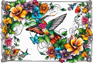 Leg sleeve that is a vine rapping around the leg with flowers and butterflies and  hummingbirds tattoo idea