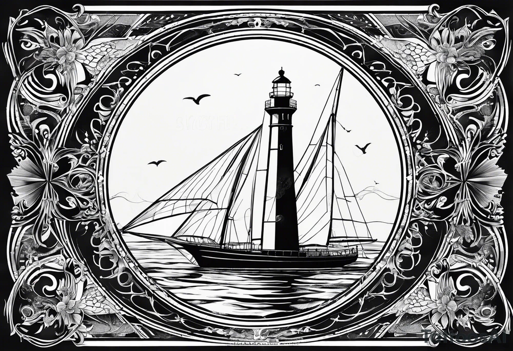 voilier vue de face. phare maritime fixé au centre du voilier et utilisé comme un mat pour les voiles. tattoo idea