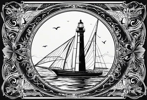 voilier vue de face. phare maritime fixé au centre du voilier et utilisé comme un mat pour les voiles. tattoo idea