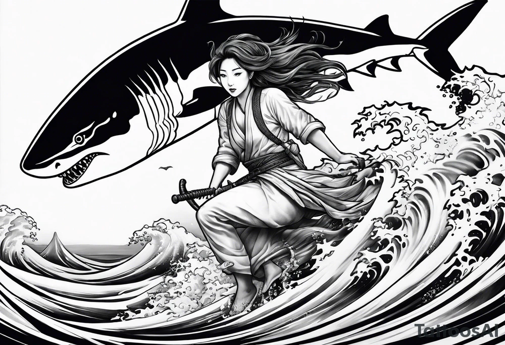 japanese girl riding shark tattoo idea