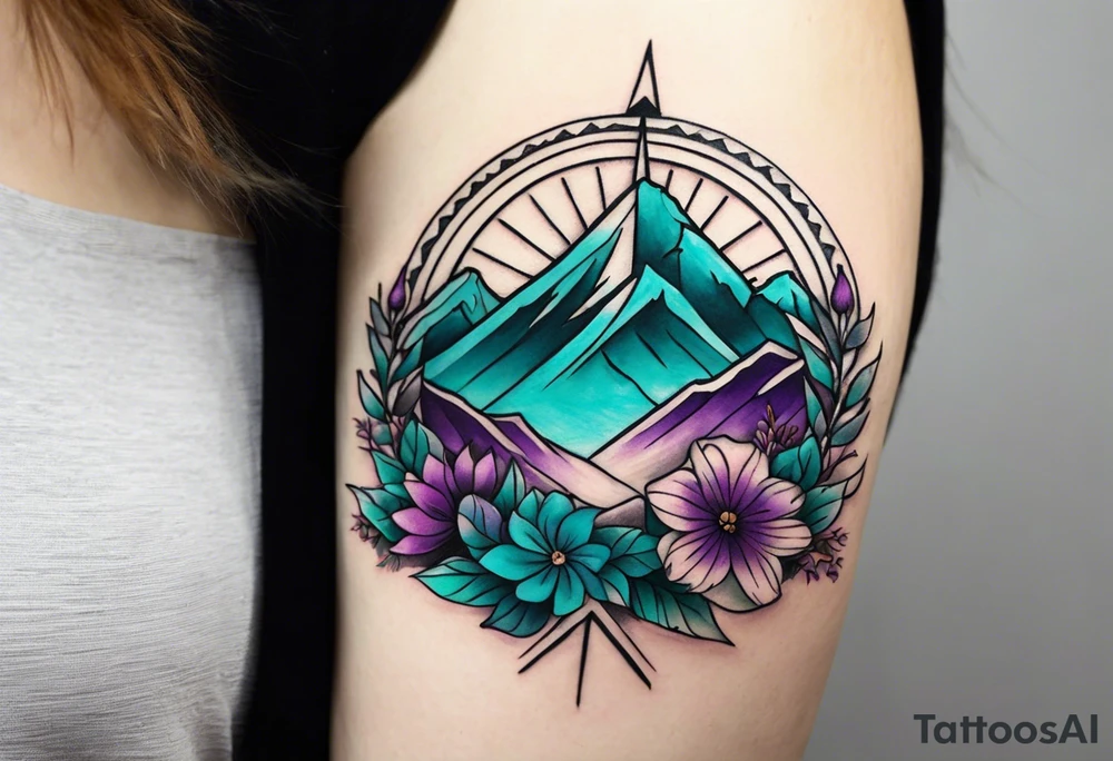 I’d like a half sleeve tattoo on my shoulder. It features a mountain range, with a compass rose rising up from behind the mountain like a sunrise. In front of the mountains, there are purple and teal flowers. tattoo idea