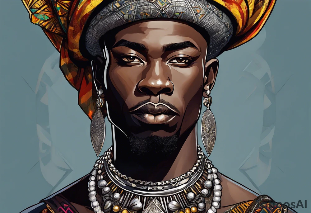 Black-skinned bald african warrior. He wears a simple and small silver crown. He uses a necklace of cowry shells tattoo idea