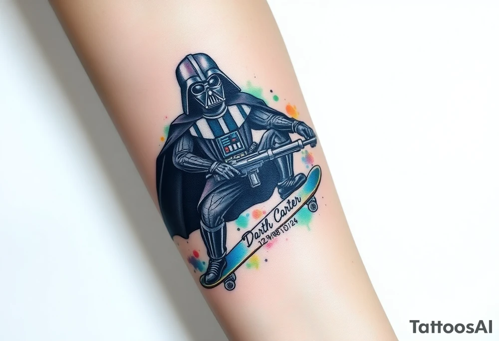 Darth Vader skateboarding with gun> bullets > memorial > god > colors > futuristic/space/star wars
add name "Darth Carter" on skateboard
add date 12/29/88-01/06/24 tattoo idea