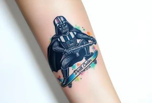 Darth Vader skateboarding with gun> bullets > memorial > god > colors > futuristic/space/star wars
add name "Darth Carter" on skateboard
add date 12/29/88-01/06/24 tattoo idea