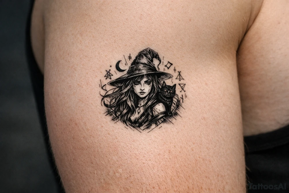 Young witch with flowing hair, a black cat perched on her shoulder, surrounded by glowing magical runes. tattoo idea