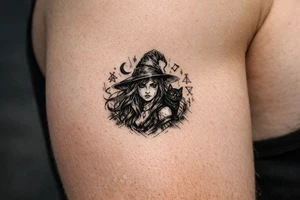Young witch with flowing hair, a black cat perched on her shoulder, surrounded by glowing magical runes. tattoo idea