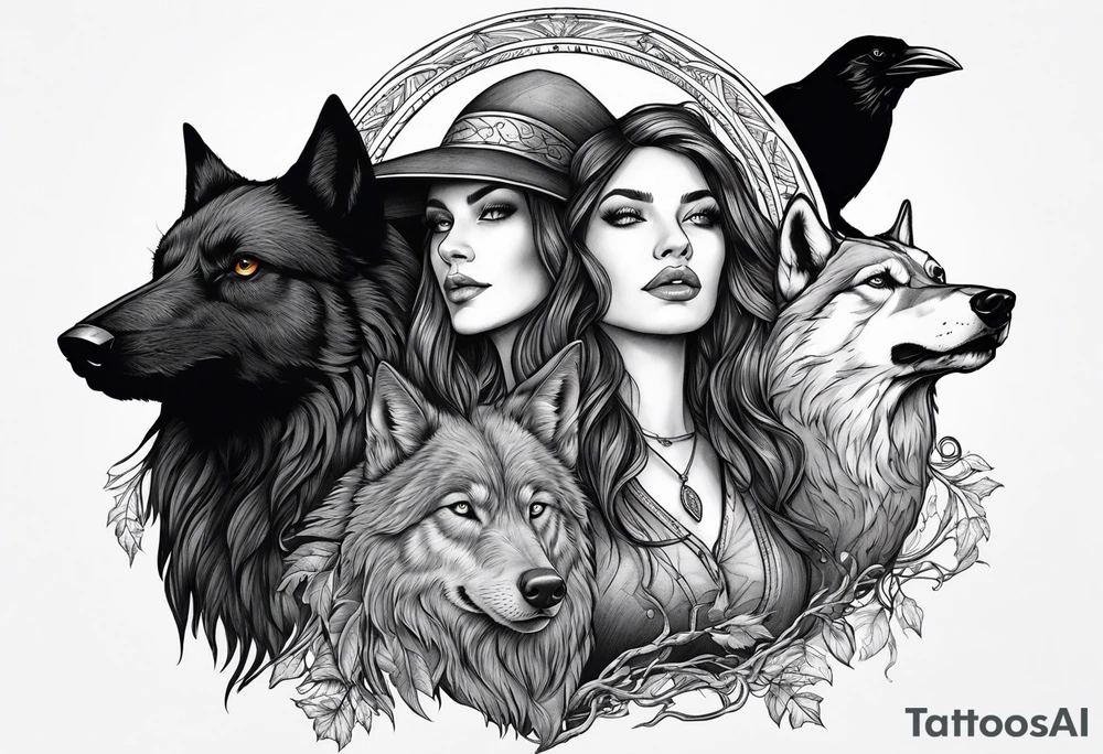 A witch, a raven and a wolf tattoo idea