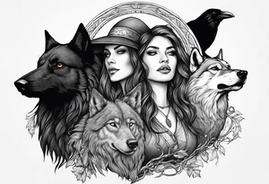 A witch, a raven and a wolf tattoo idea