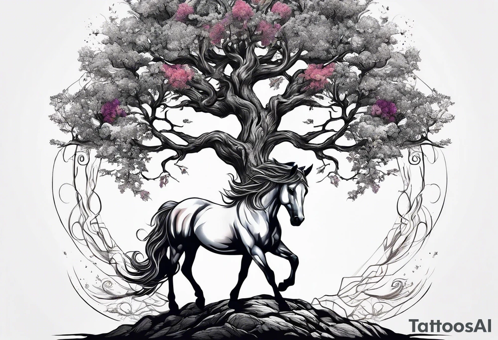 Realistic Horse and Yggdrasil tree tattoo idea
