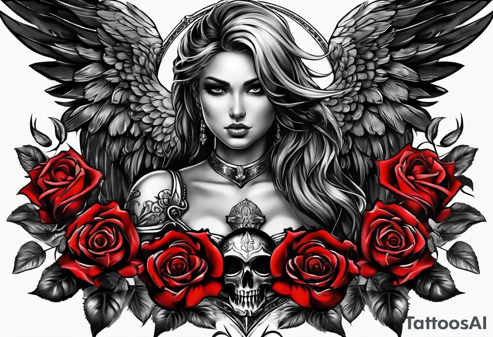 Armored angel with a skull and colored rose tattoo idea