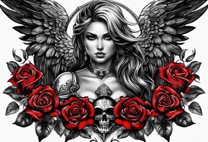 Armored angel with a skull and colored rose tattoo idea