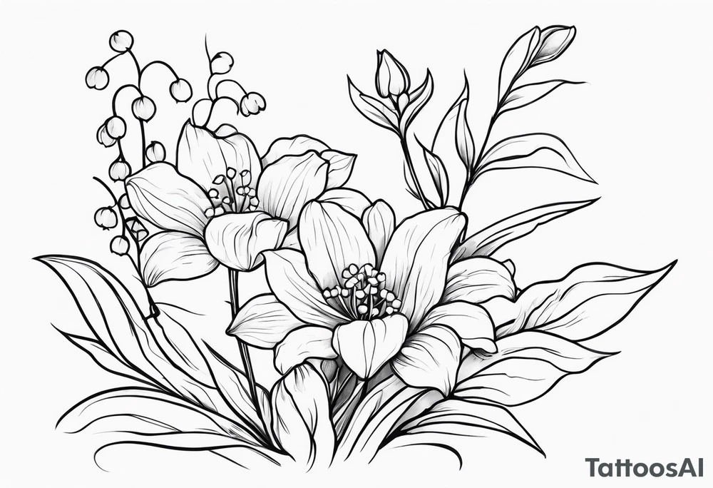 4 flowers. Lily of the valley. Marigold, chrysanthemum, and Lily combined together vertically with small leaves and vines tattoo idea