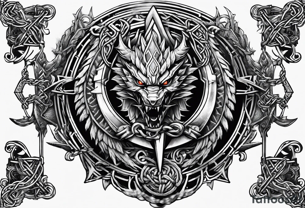 Valhalla sword shield dragon axe Valknut barbed wire chains tattoo idea