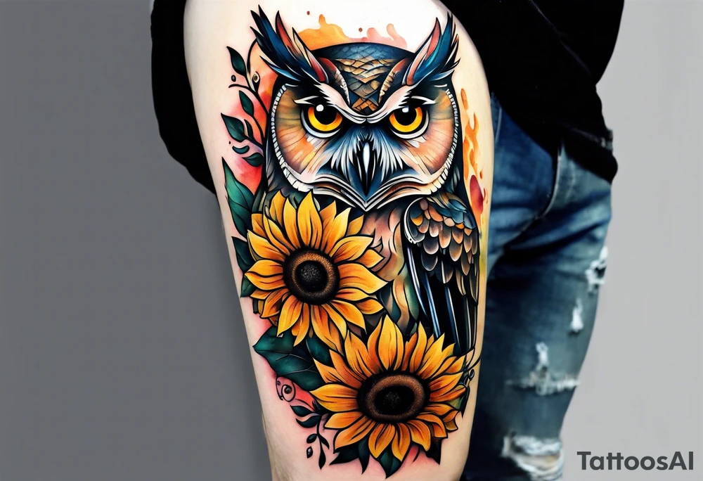 Owl with sunflowers leg sleeve tattoo idea