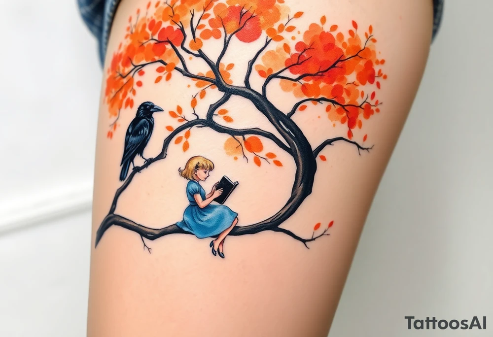 A Raven standing on the branch of an orange tree. A blond little girl wearing a blue dress sitting under the tree while reading a book. The raven is watching her. tattoo idea