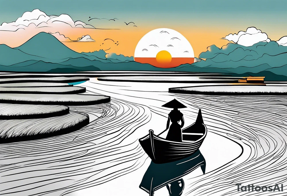 vietnamese lady on boat rice fields water sunset home clouds tattoo idea
