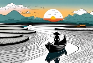 vietnamese lady on boat rice fields water sunset home clouds tattoo idea