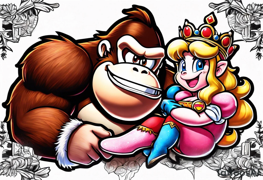 Donkey Kong holding sexy Princess Peach tattoo idea