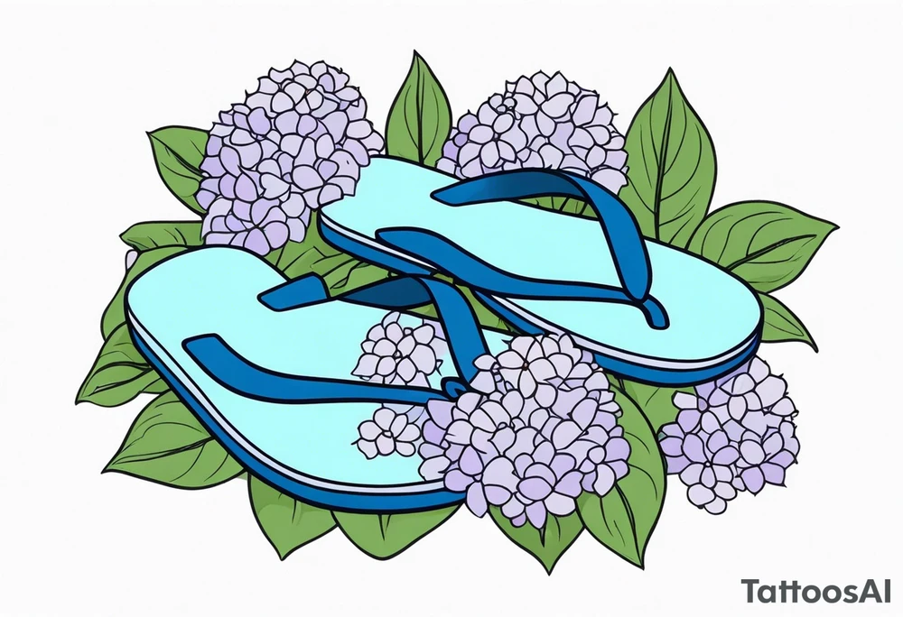 small tattoo of a pastel blue flip flop surrounded by blue and lavender hydrangea flowers with green leaves tattoo idea