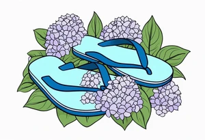 small tattoo of a pastel blue flip flop surrounded by blue and lavender hydrangea flowers with green leaves tattoo idea