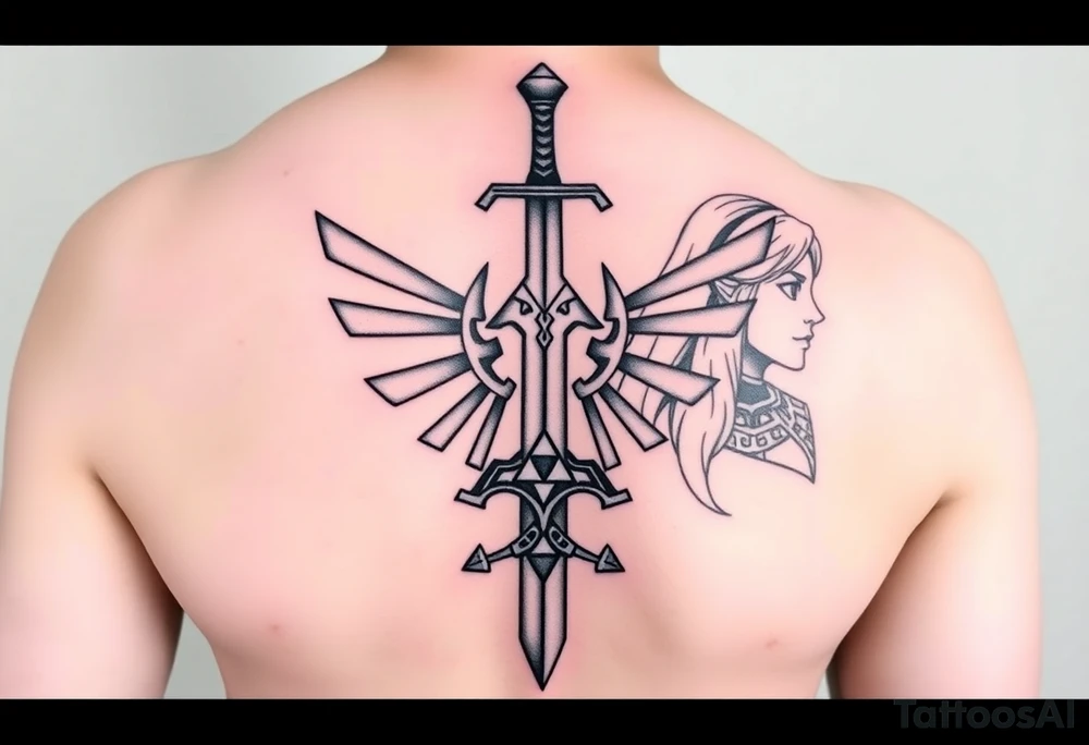 1. Theme: The Legend of Zelda: specifically Link and Zelda
2. Placement: Left Upper Arm
3. Style: Breath of the Wild (in color)
4. Elements to include: Master Sword in center facing up (handle at the bottom), with triforce symbol at the bottom of the blade), Link‘s face on one side, looking away from the sword, Zelda on the other side of the sword, looking in the other direction
5. size: full upper arm covered tattoo idea