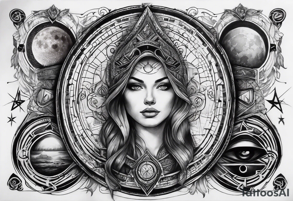 I want a mysterious enigmatic tattoo, with mysterious symbols and phrases, with the meaning of curiosity about conspiracy theories, the future, and the past, something that completes the upper part of the arm that is between the middle of the arm and the shoulder tattoo idea
