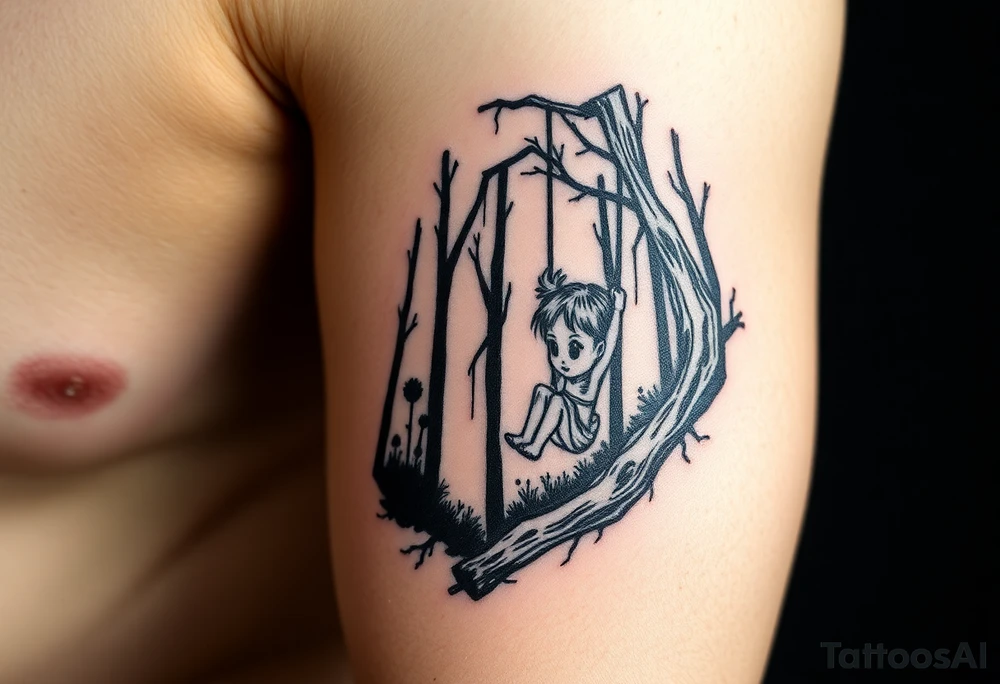Little girl swinging in a dark scary forest tattoo idea