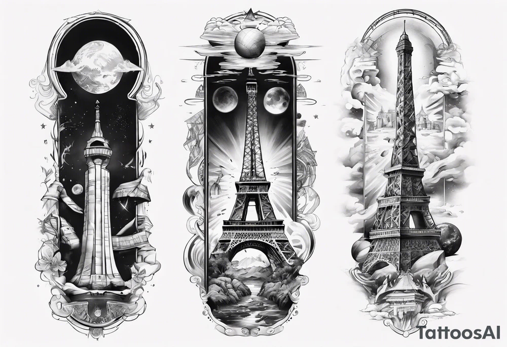 Arm sleeve of the 7 modern wonders of the world tattoo idea