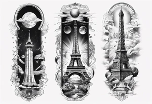 Arm sleeve of the 7 modern wonders of the world tattoo idea
