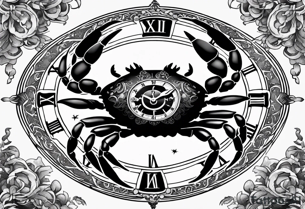 Zodiac crab with clock inside ree of life tattoo idea