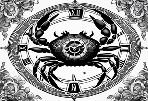 Zodiac crab with clock inside ree of life tattoo idea