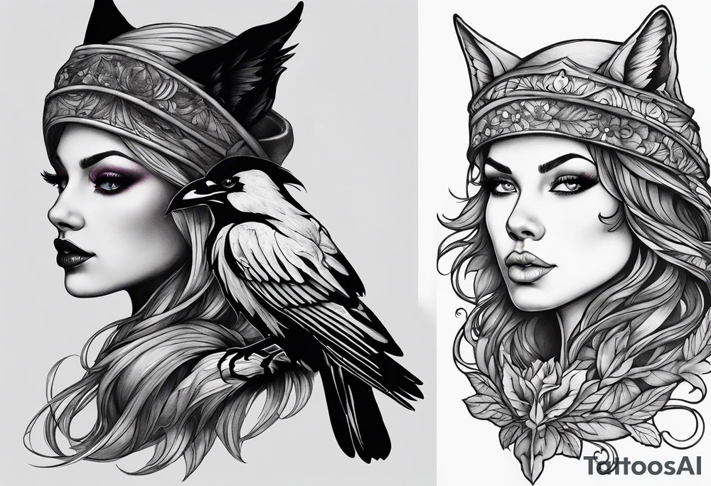 A fairy/witch with a Lot of collors (use fullcolor tattoo style)
Below the fairy a Black and white raven (use blackwork tattoo style)
Below the raven a realistic Wolf. tattoo idea