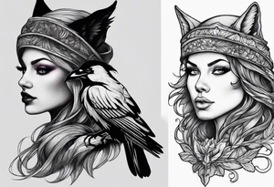 A fairy/witch with a Lot of collors (use fullcolor tattoo style)
Below the fairy a Black and white raven (use blackwork tattoo style)
Below the raven a realistic Wolf. tattoo idea