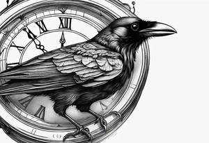 crow looking back twisted neck inside a old clock with pointers and markers being a forest tattoo idea