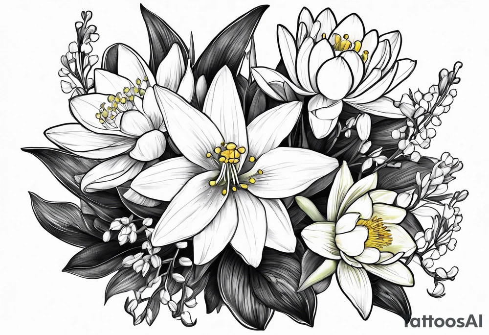 Water Lily, Lily of the Valley, Narcissus, and Gladiolus bouquet for vase tattoo idea