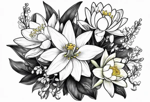 Water Lily, Lily of the Valley, Narcissus, and Gladiolus bouquet for vase tattoo idea