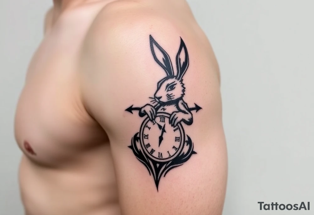 Tribal Rabbit holding a Clock tattoo idea